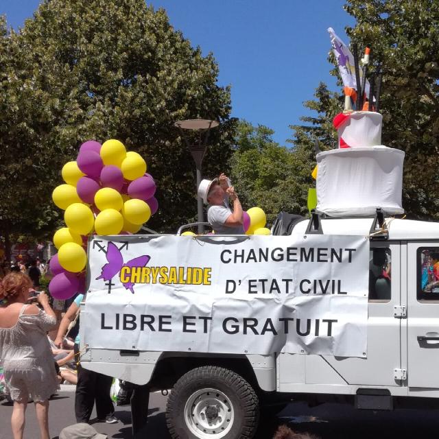 camin de l'association chrysalide dans une marche des fiertés à lyon